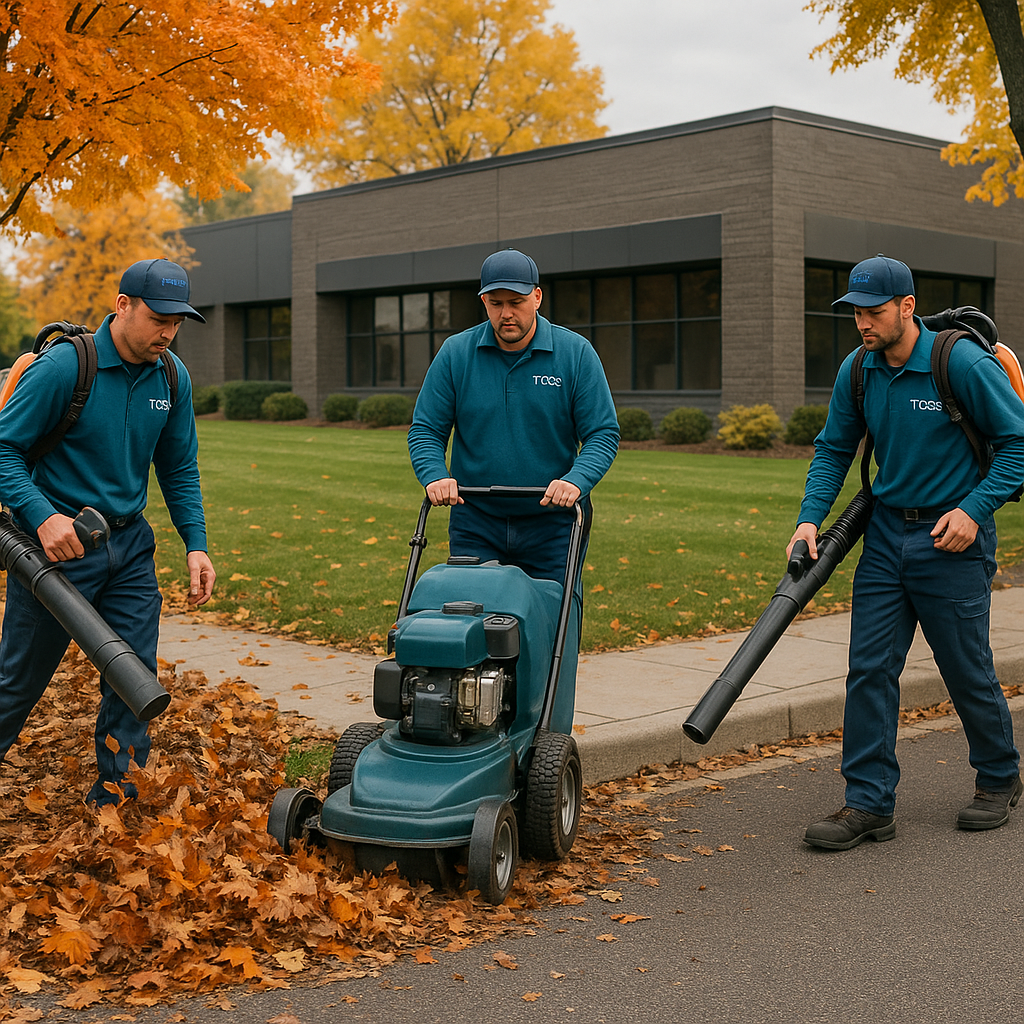 TCOS crew performing commercial fall cleanup with leaf removal in the Twin Cities