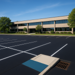 Freshly maintained commercial parking lot with sealcoated asphalt in Minneapolis